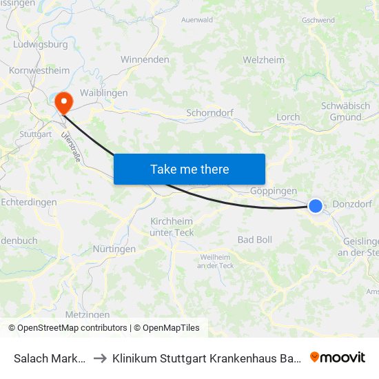Salach Marktplatz to Klinikum Stuttgart Krankenhaus Bad Cannstatt map