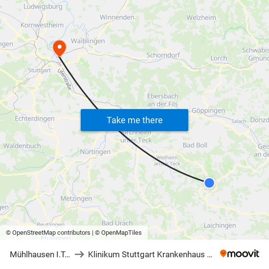 Mühlhausen I.T. Kirche to Klinikum Stuttgart Krankenhaus Bad Cannstatt map