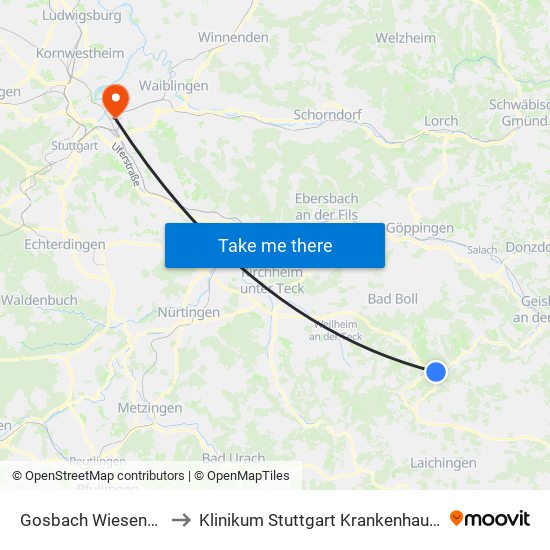 Gosbach Wiesensteiger Str. to Klinikum Stuttgart Krankenhaus Bad Cannstatt map