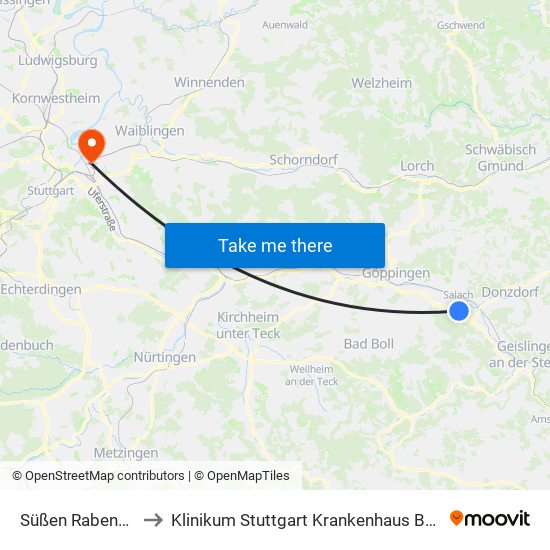 Süßen Rabenwiesen to Klinikum Stuttgart Krankenhaus Bad Cannstatt map