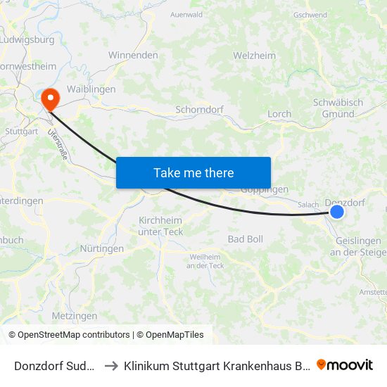 Donzdorf Sudetenstr. to Klinikum Stuttgart Krankenhaus Bad Cannstatt map