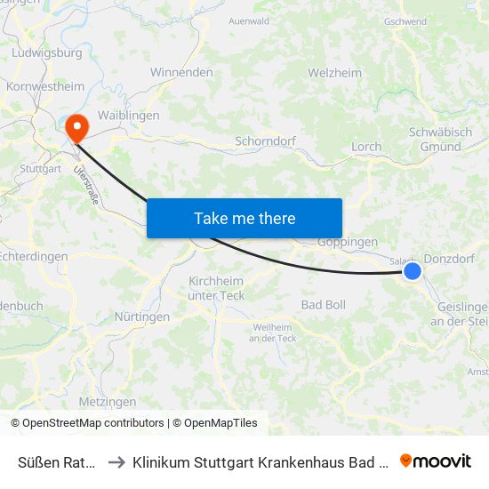 Süßen Rathaus to Klinikum Stuttgart Krankenhaus Bad Cannstatt map