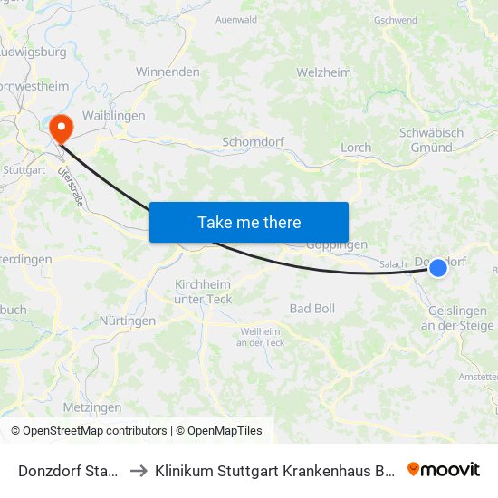 Donzdorf Stadthalle to Klinikum Stuttgart Krankenhaus Bad Cannstatt map