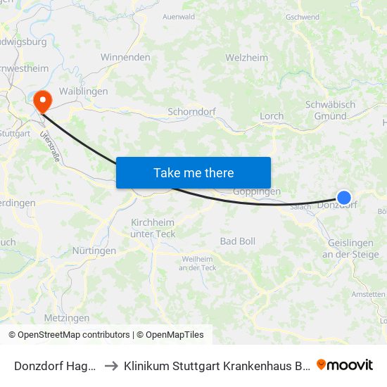 Donzdorf Hagenbuch to Klinikum Stuttgart Krankenhaus Bad Cannstatt map