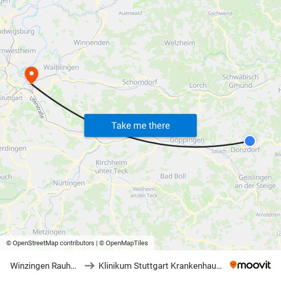 Winzingen Rauhwiesenstr. to Klinikum Stuttgart Krankenhaus Bad Cannstatt map