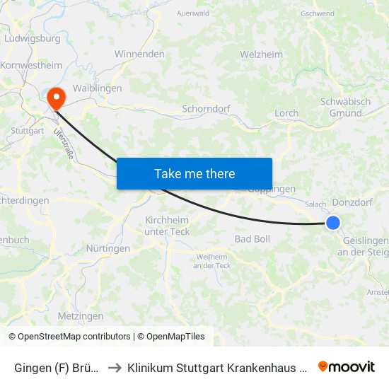 Gingen (F) Brückenstr. to Klinikum Stuttgart Krankenhaus Bad Cannstatt map