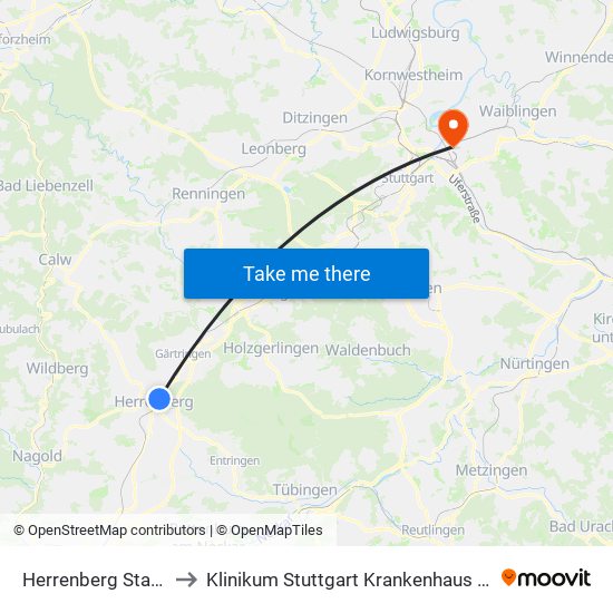 Herrenberg Stadtwerke to Klinikum Stuttgart Krankenhaus Bad Cannstatt map