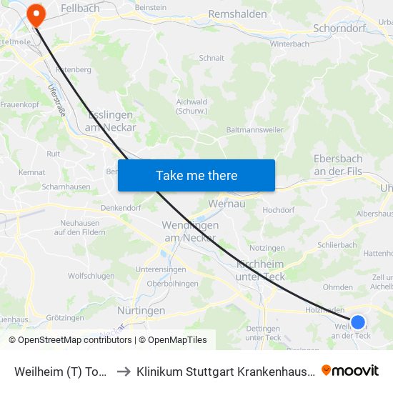 Weilheim (T) Tobelwasen to Klinikum Stuttgart Krankenhaus Bad Cannstatt map