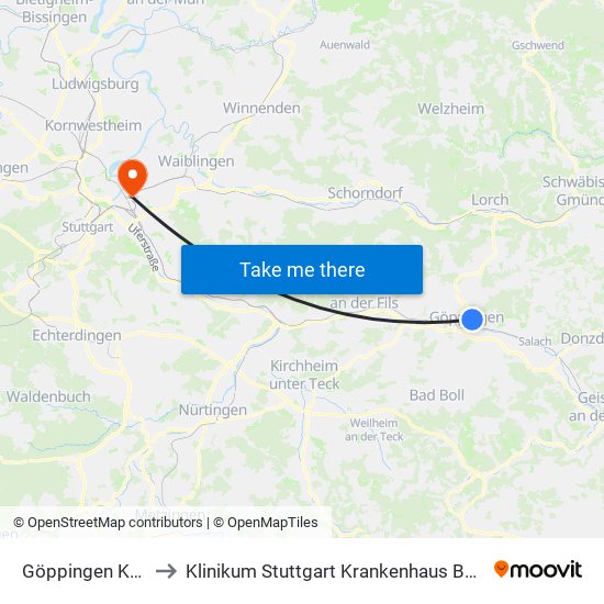 Göppingen Kantstr. to Klinikum Stuttgart Krankenhaus Bad Cannstatt map