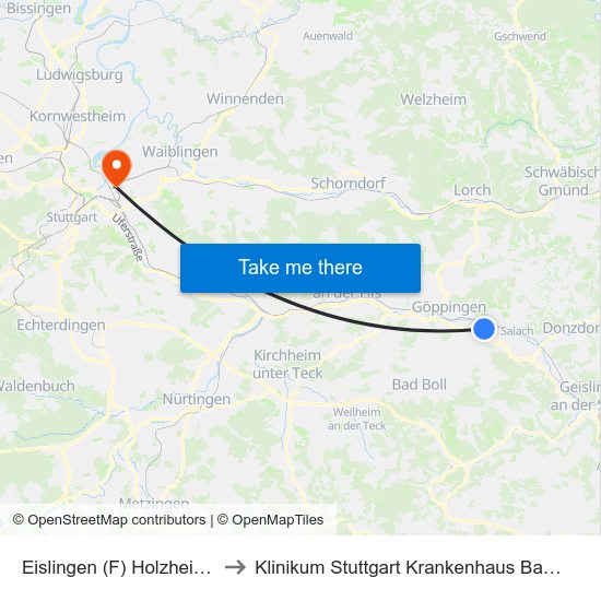 Eislingen (F) Holzheimer Str. to Klinikum Stuttgart Krankenhaus Bad Cannstatt map