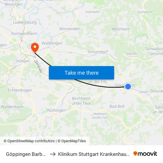 Göppingen Barbarossasee to Klinikum Stuttgart Krankenhaus Bad Cannstatt map