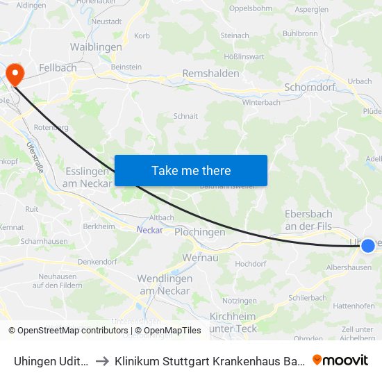 Uhingen Uditorium to Klinikum Stuttgart Krankenhaus Bad Cannstatt map