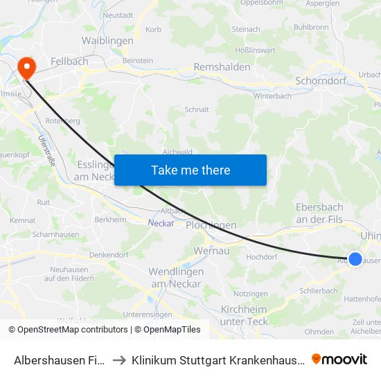Albershausen Finkenweg to Klinikum Stuttgart Krankenhaus Bad Cannstatt map