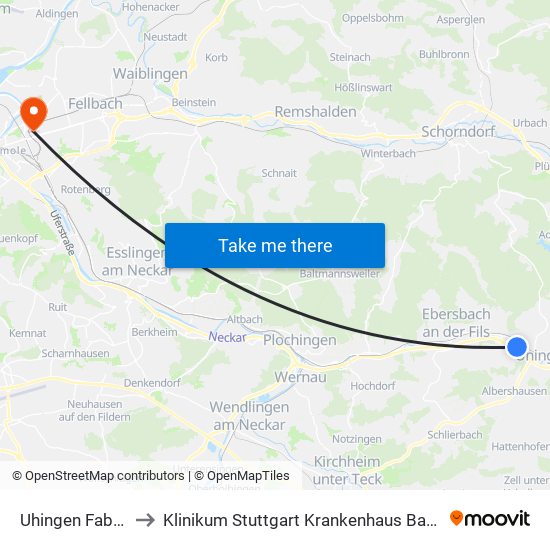 Uhingen Fabrikstr. to Klinikum Stuttgart Krankenhaus Bad Cannstatt map
