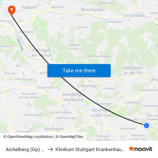 Aichelberg (Gp) Kreuzung to Klinikum Stuttgart Krankenhaus Bad Cannstatt map