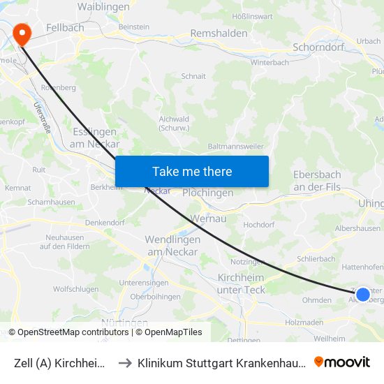 Zell (A) Kirchheimer Straße to Klinikum Stuttgart Krankenhaus Bad Cannstatt map