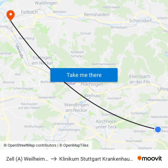 Zell (A) Weilheimer Straße to Klinikum Stuttgart Krankenhaus Bad Cannstatt map