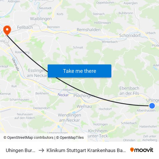 Uhingen Burgstall to Klinikum Stuttgart Krankenhaus Bad Cannstatt map