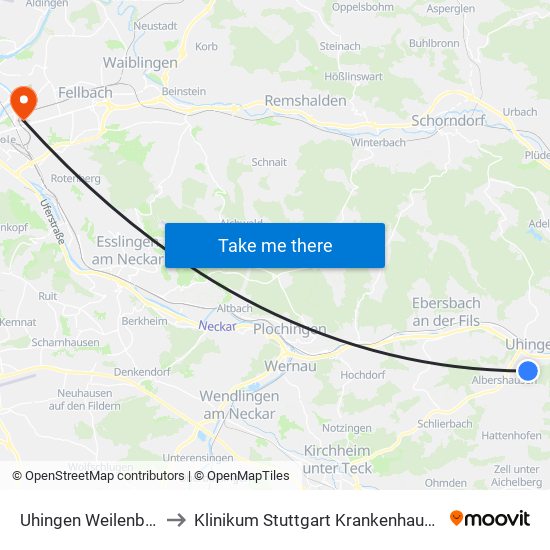 Uhingen Weilenberger Hof to Klinikum Stuttgart Krankenhaus Bad Cannstatt map