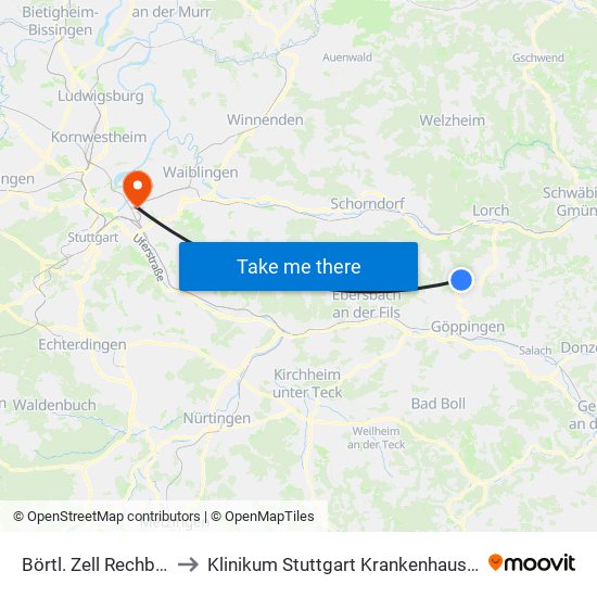Börtl. Zell Rechbergh. Str. to Klinikum Stuttgart Krankenhaus Bad Cannstatt map