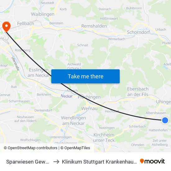 Sparwiesen Gewerbegebiet to Klinikum Stuttgart Krankenhaus Bad Cannstatt map