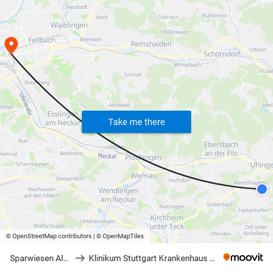 Sparwiesen Albstraße to Klinikum Stuttgart Krankenhaus Bad Cannstatt map