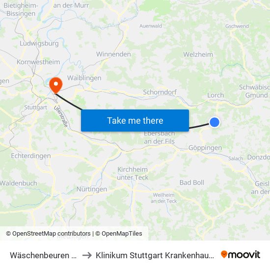 Wäschenbeuren Wiesental to Klinikum Stuttgart Krankenhaus Bad Cannstatt map