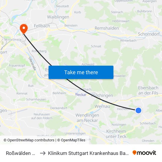 Roßwälden Kirche to Klinikum Stuttgart Krankenhaus Bad Cannstatt map