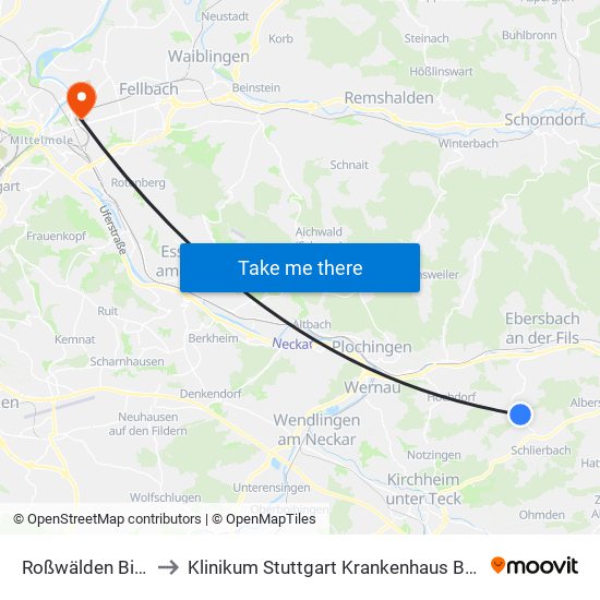 Roßwälden Birkhöfe to Klinikum Stuttgart Krankenhaus Bad Cannstatt map