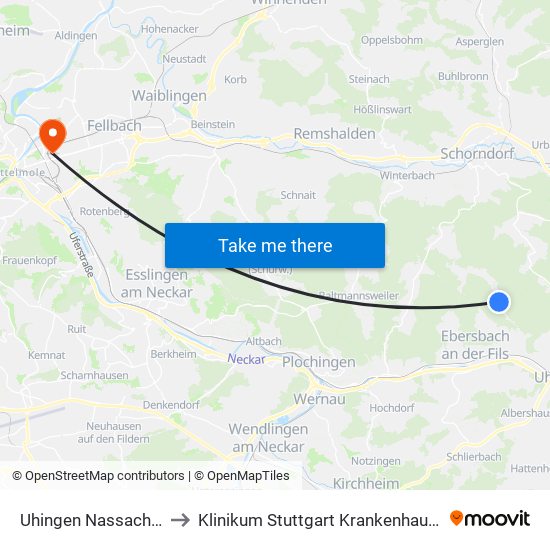 Uhingen Nassach Unterhütt to Klinikum Stuttgart Krankenhaus Bad Cannstatt map