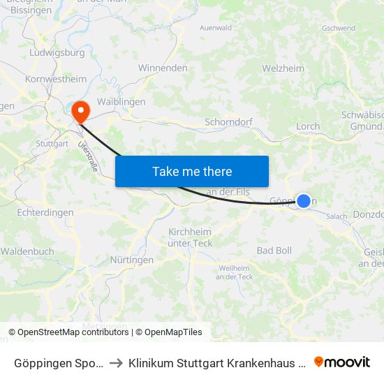 Göppingen Sportplätze to Klinikum Stuttgart Krankenhaus Bad Cannstatt map