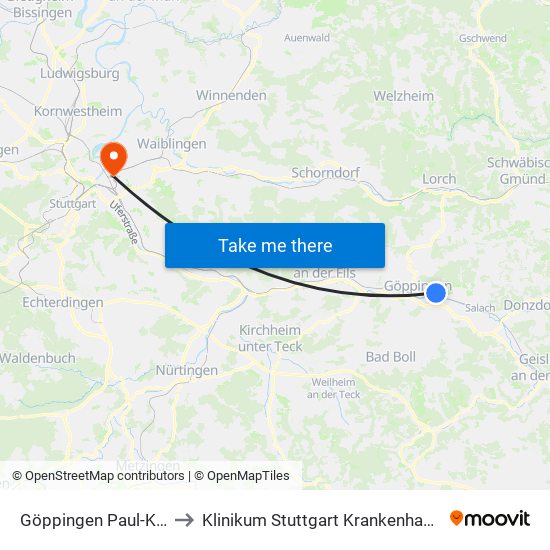 Göppingen Paul-Koepff-Weg to Klinikum Stuttgart Krankenhaus Bad Cannstatt map