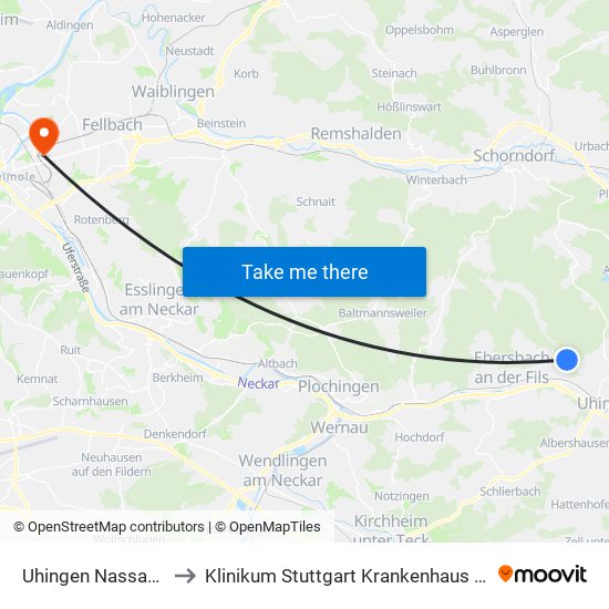 Uhingen Nassachmühle to Klinikum Stuttgart Krankenhaus Bad Cannstatt map