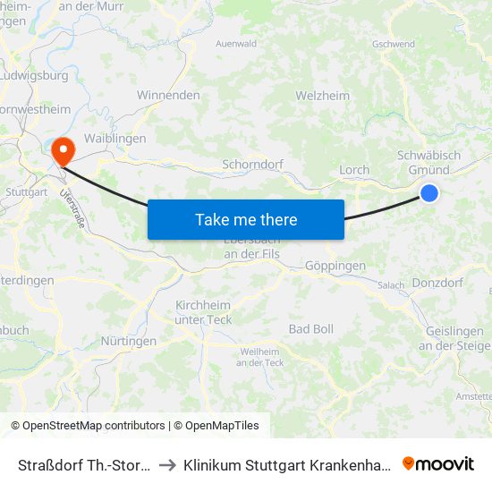 Straßdorf Th.-Storm-Str./Sdlg to Klinikum Stuttgart Krankenhaus Bad Cannstatt map
