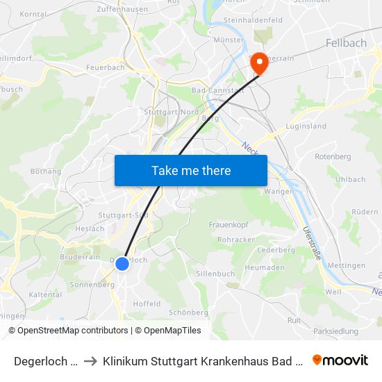 Degerloch Zob to Klinikum Stuttgart Krankenhaus Bad Cannstatt map