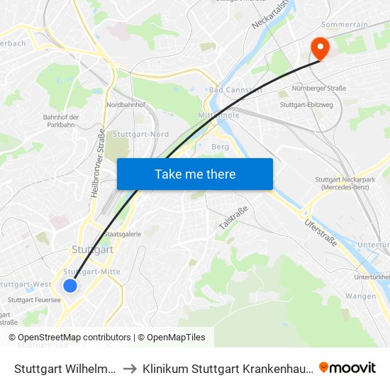 Stuttgart Wilhelmsbau (Sev) to Klinikum Stuttgart Krankenhaus Bad Cannstatt map