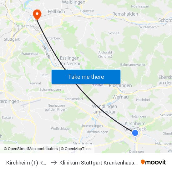 Kirchheim (T) Rossmarkt to Klinikum Stuttgart Krankenhaus Bad Cannstatt map