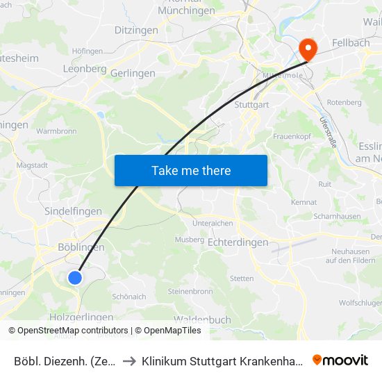 Böbl. Diezenh. (Zentrum) Süd to Klinikum Stuttgart Krankenhaus Bad Cannstatt map