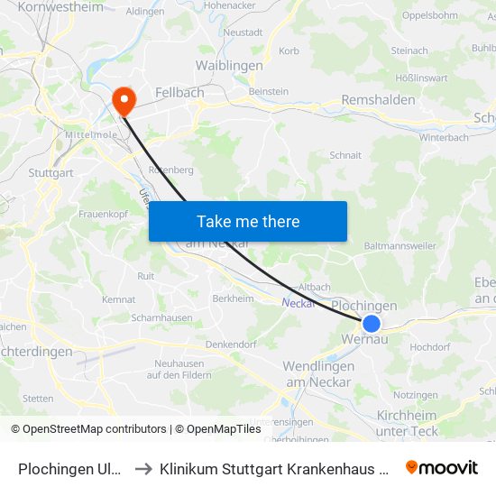 Plochingen Ulmer Str. to Klinikum Stuttgart Krankenhaus Bad Cannstatt map