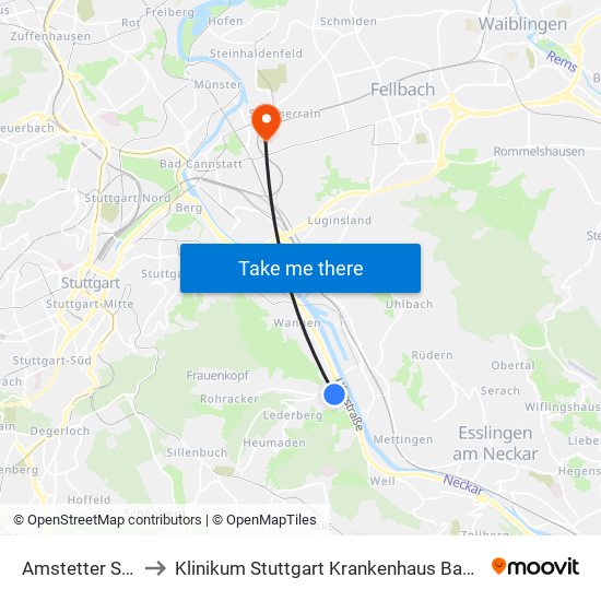 Amstetter Straße to Klinikum Stuttgart Krankenhaus Bad Cannstatt map