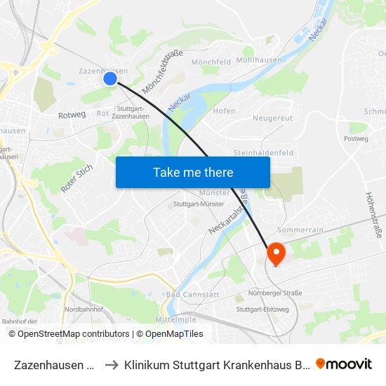 Zazenhausen Viadukt to Klinikum Stuttgart Krankenhaus Bad Cannstatt map