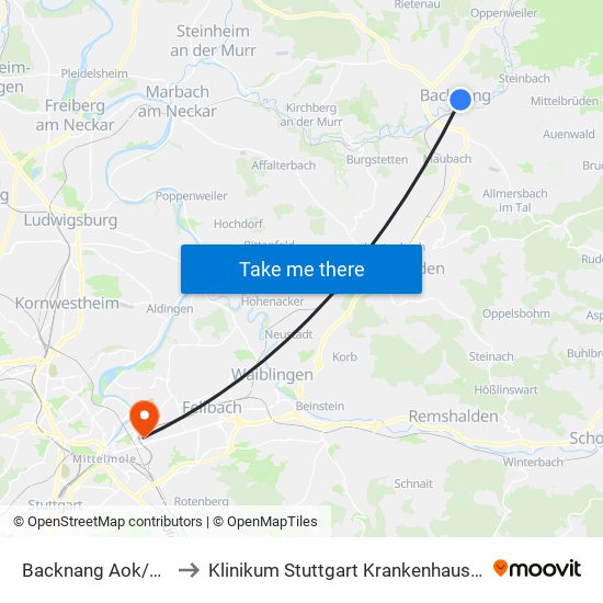 Backnang Aok/Waldhorn to Klinikum Stuttgart Krankenhaus Bad Cannstatt map