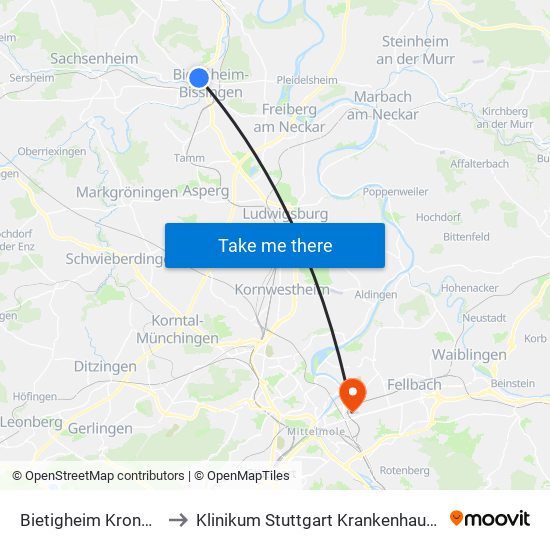 Bietigheim Kronenzentrum to Klinikum Stuttgart Krankenhaus Bad Cannstatt map