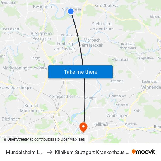 Mundelsheim Lange Str. to Klinikum Stuttgart Krankenhaus Bad Cannstatt map