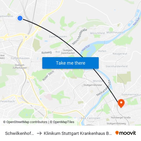 Schwilkenhofstraße to Klinikum Stuttgart Krankenhaus Bad Cannstatt map