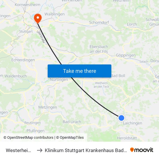 Westerheim Ost to Klinikum Stuttgart Krankenhaus Bad Cannstatt map