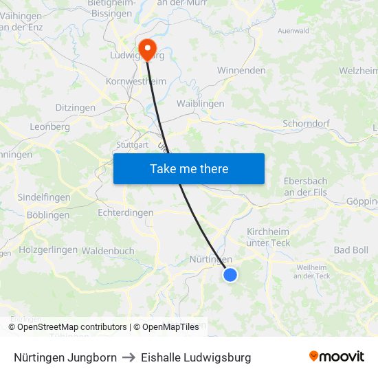 Nürtingen Jungborn to Eishalle Ludwigsburg map
