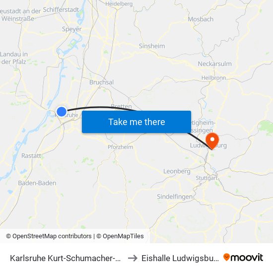 Karlsruhe Kurt-Schumacher-Str. to Eishalle Ludwigsburg map