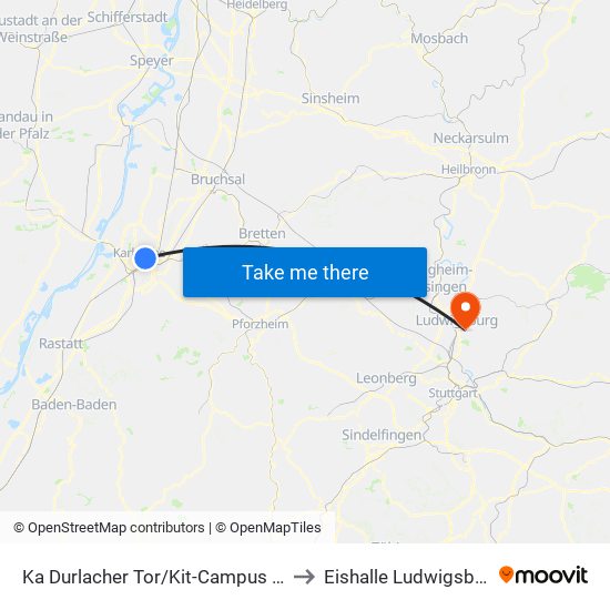 Ka Durlacher Tor/Kit-Campus Süd to Eishalle Ludwigsburg map