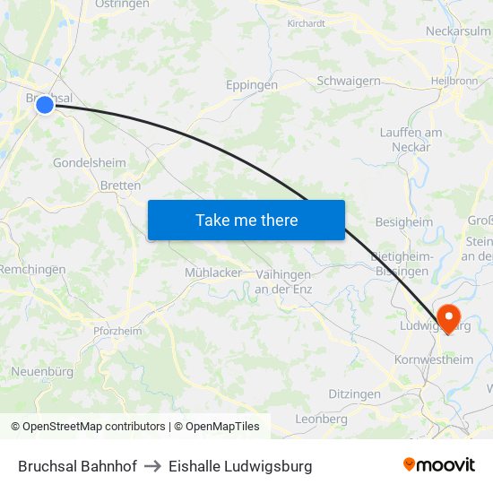 Bruchsal Bahnhof to Eishalle Ludwigsburg map